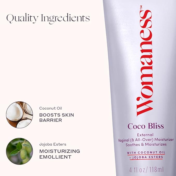 Womaness Coco Bliss Vaginal Moisturizer - Hydrating Coconut Cream for Vaginal Dryness - Non-Sticky Vulva Cream for External Intimate & Body Care - Estrogen & Hormone-Free Formula for Women - 4oz