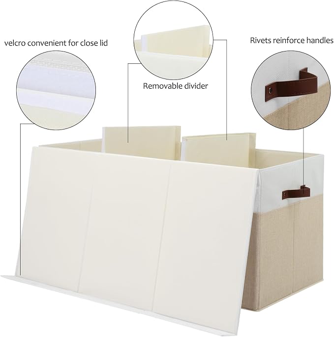 Extra Large Toy Storage Box with Lid,Toy Chest Bin Basket with Dividers | Sturdy Toy Organizer Bin for Kids, Boys, Girls, Nursery, Closet, Bedroom, Playroom 35.5"x17" x17" (Beige and White)