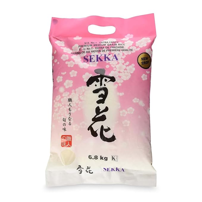 SEKKA Extra Fancy Medium Grain white Rice - Japanese Premium quality uncooked Rice | Milled Rice, Sweet and Chewy | Low Fat, Perfect for Authentic Asian Cuisine, 15 lb -(Pack of 1)