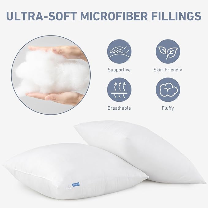 Leeden 28x28 Euro Pillow Inserts Set of 2, Fluffy Square Pillow Inserts | Soft Fluffy Decorative Square Throw Pillows for Couch, Sofa, Bed, and Home Decor White Pillows