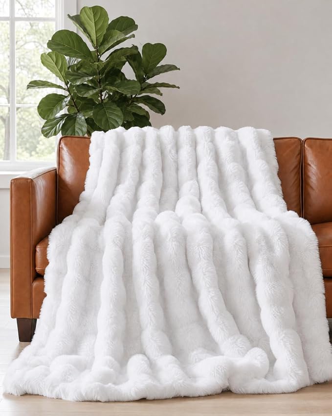 3D Fleece Bubble Blanket King Size - Rabbit Blanket - 90" x 108", White | Soft Fluffy Faux Fur Blanket for Couch Sofa & Chair, Cozy Gifts for Women, Tie Dye Cloud Throw Bed Cover, Thick Plush Bedding