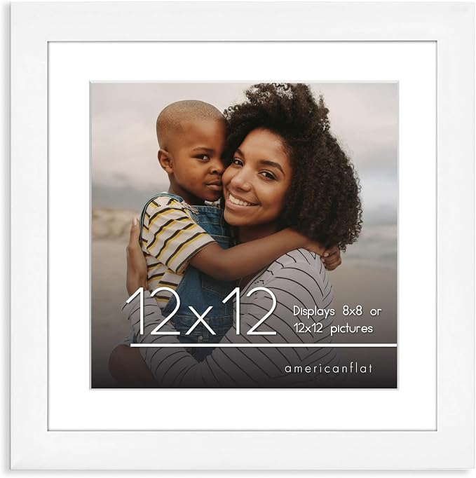 Americanflat 12x12 Picture Frame with Shatter-Resistant Glass - Use as 8x8 Frame with Mat or Display 12x12 Photo Without Mat - Signature Collection - Square Frames for Wall Display - White | Shatter-resistant glass, sawtooth hangers included, fits phot...