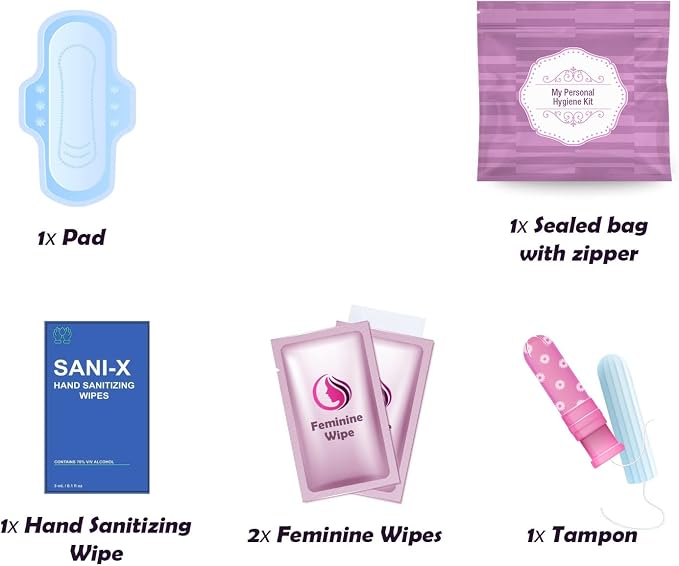 Menstrual Kit All-in-One | Convenience on the Go | Single Period Kit Pack for Travelling, Tweens & Teenagers or Emergency situations | Individually Wrapped Feminine Hygiene Products (Purple)