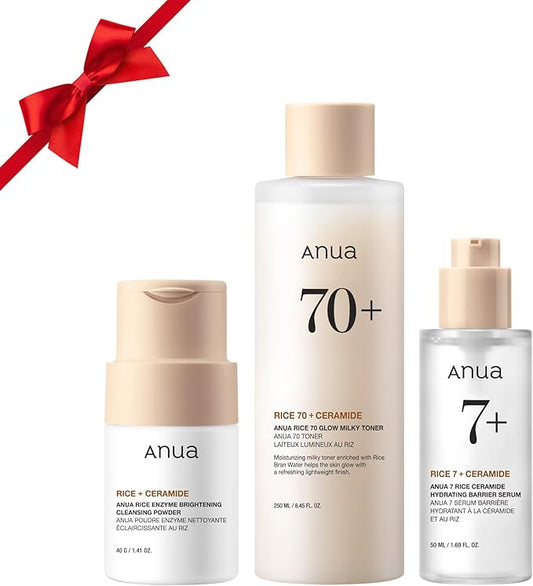 Anua Rice Trio Set : Rice Cleansing Powder & Milky Toner & Hydrating Serum, Marshmallow face mask maker, for Glass skin,Korean Skincare