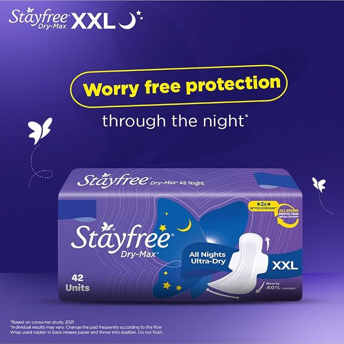 Stayfree Dry Max All Night XL Dry Cover Sanitary Pads For Women With Wings, 42 pieces
