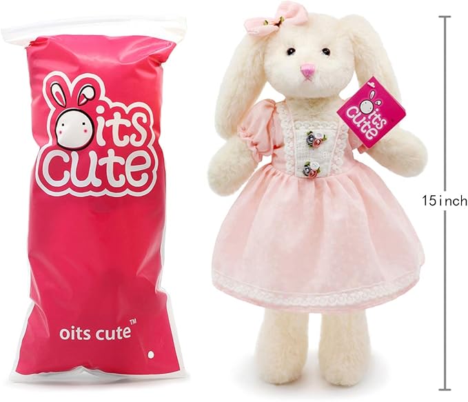 Small Soft Stuffed Animal Bunny Rabbit Plush Toy for Baby Girls 15inch (White Rabbit Wearing Pink Retro Dress)