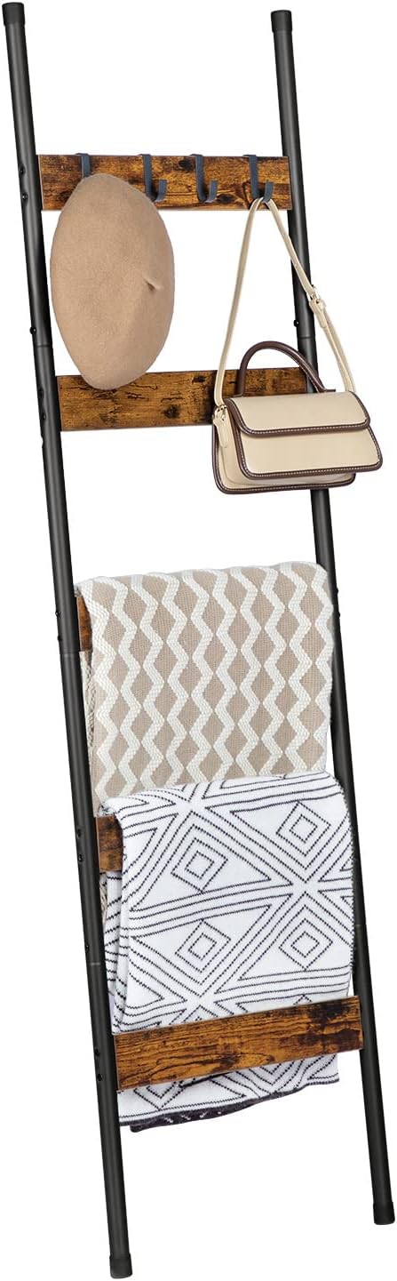 HOOBRO Blanket Ladder, 5-Tier Towel Rack with Hooks, Wall-Leaning Blanket Rack, Decorative Display Ladder Shelf, for Scarves, Industrial, Living Room, Bedroom, Rustic Brown and Black BF52CJ01