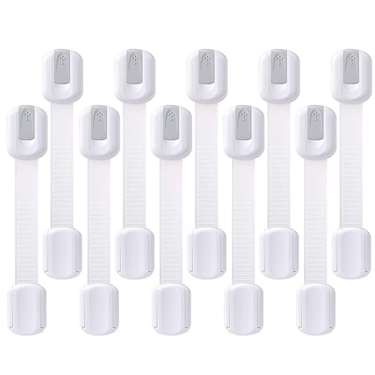 Child Safety Cabinet Locks - (10 Pack) Baby Proofing Latches to Drawer Door Fridge Oven Toilet Seat Kitchen Cupboard Appliance Trash Can with 3M Adhesive - Adjustable Strap No Drill No Tool