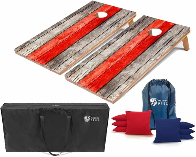 Tailgating Pros Regulation Cornhole Boards - 4'x2' Lightweight Wooden Retro and Classic Themed Cornhole Game w/Carrying Case & Set of 8 Corn Hole Bean Bags w/Tote