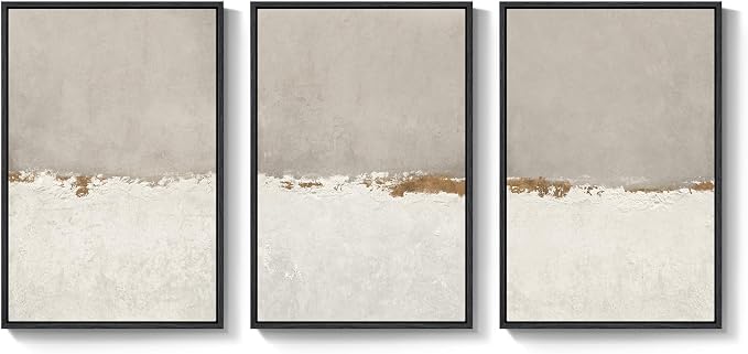 Large Framed Neutral Abstract Wall Art for Living Room, 3 Piece Modern Canvas Prints Paintings Artwork for Walls, Minimalist Beige Abstract Horizon Pictures for Hallway, Office Wall Decor 24x36 In