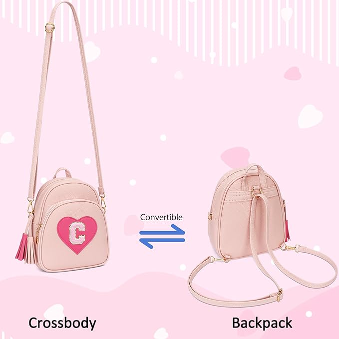 Valentines Day Gifts for Kids Gifts for Girls Little Girl Initial Mini Heart Backpack Purse Crossbody Bag with Tassel，Pink-C