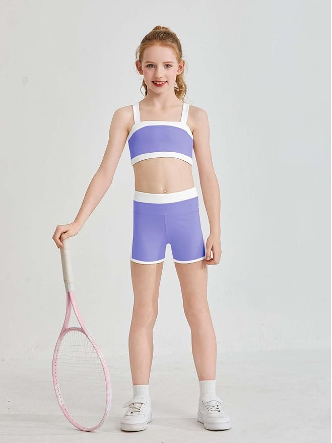Haloumoning Girls 2 Piece Outfits Athletic Color Block Training Bra and High Waisted Shorts Clothing Sets 5-14Y