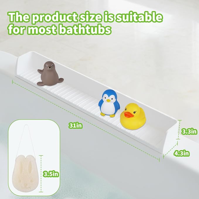 Bathtub Splash Guard for Kids, 2.62Ft Longer Silicone Bathtub Water Guards Play Shelf with 11 Suction Cups, Toy Tray Caddy Holder for Tub,Water Leak & Splash-Proof,Bath Tub Ledge Shelf for Kids, White