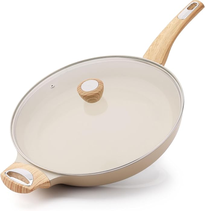 SENSARTE 12.5inch Ceramic Nonstick Frying Pan Skillet with Lid, Taupe | Non Stick Omelet Pans, Non-toxic Healthy Kitchen Cooking Chefs Pan, PFOA/PFAS/PTFE Free, Induction Compatible