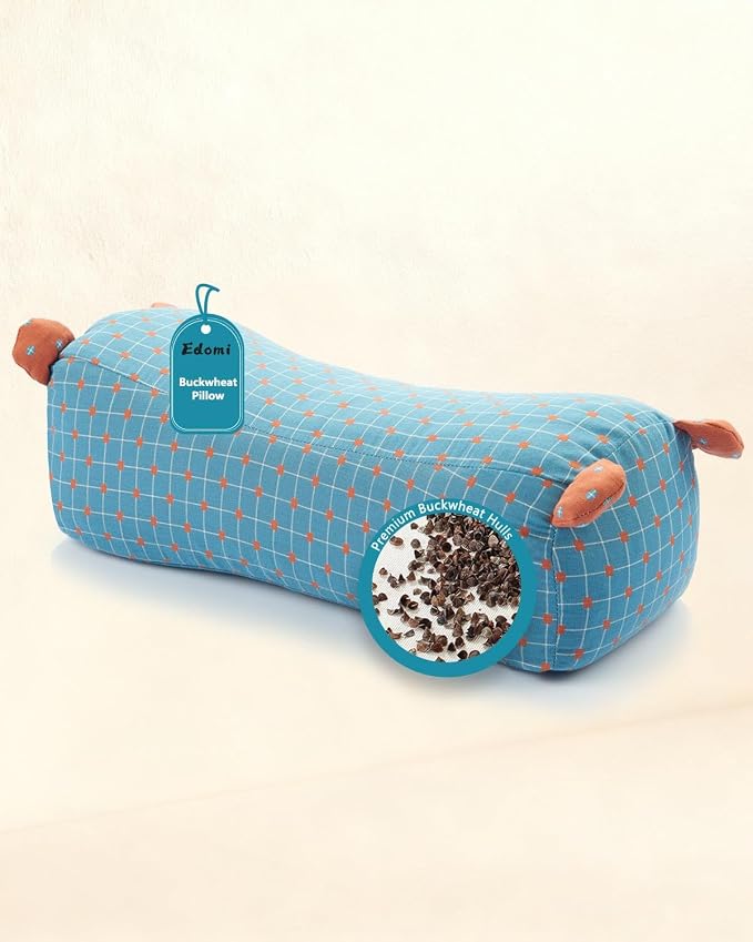 Adjustable Buckwheat Neck Roll Pillow, Firm Cylinder Bolster for Neck Back Support, Pain Relief for Yoga, Sleeping Recliner Use with Dot Plaid Pillowcase,16.5"x6.3", Blue