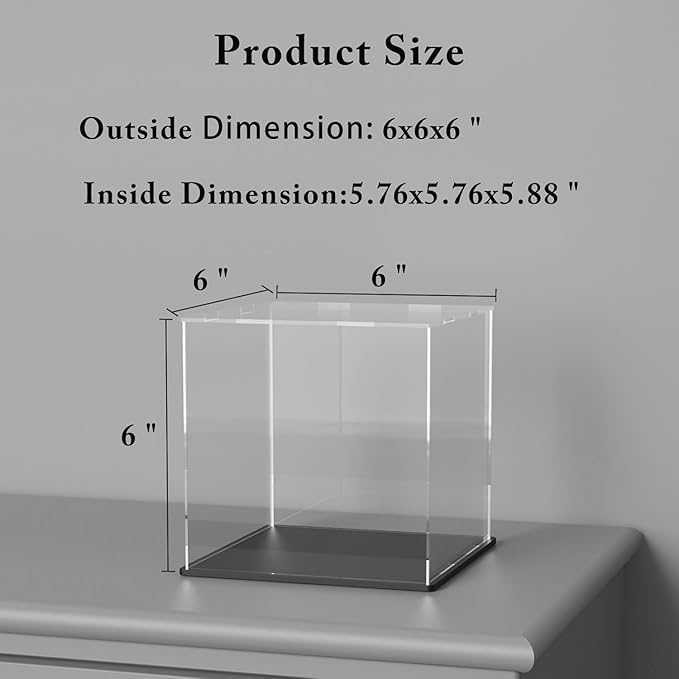Acrylic Display Case for Collecibles, Clear Square Acrylic Box for Figures Statues Toys and Trophy, 6" L x 6" W x 6" H