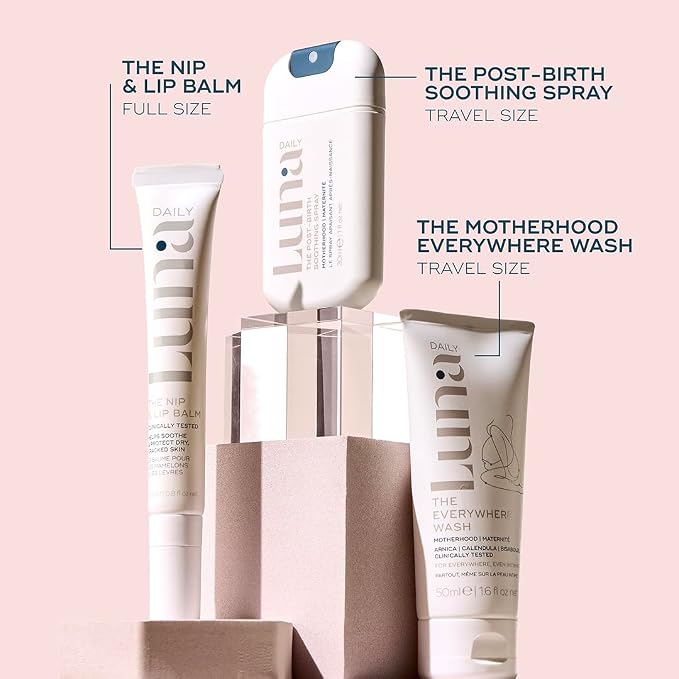 Luna Daily Hospital Bag Essentials Kit, Pregnancy & Postpartum Care | Travel-Size Feminine Wash, Perineal Spray & Nipple Balm | pH-Balanced, Soothing & Hydrating Intimate Skincare for New Moms