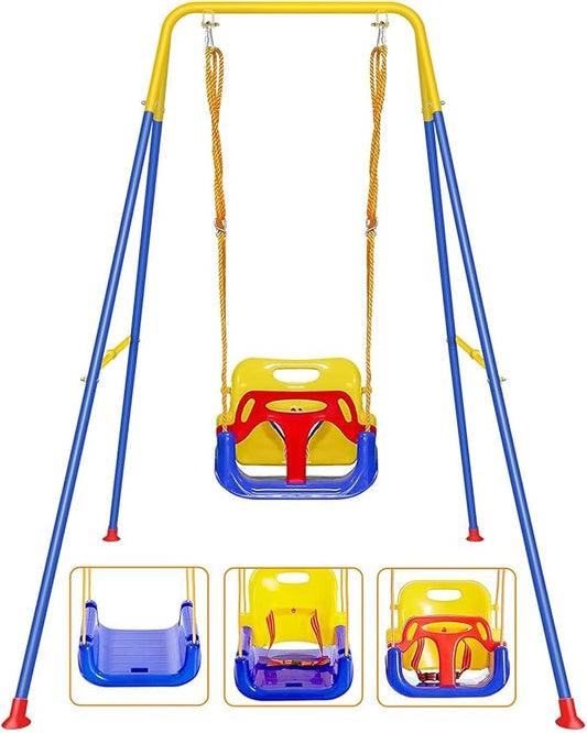 3 in 1 Toddler Swing with Frame, Outdoor Indoor, Baby Swing with Safety Belt for Indoor and Outdoor Use, Foldable Metal Stand & Clear Instructions, Easy to Assemble