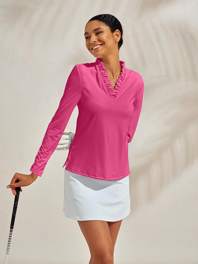ACEGOLFS Womens Golf Polo Shirts Casual Ruffle V Neck Long Sleeve Tops for Women UPF 50+ Rash Guard Ladies Pullover Shirt