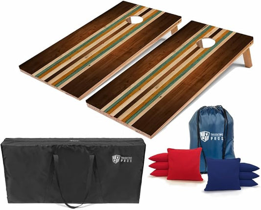 Tailgating Pros Regulation Cornhole Boards - 4'x2' Lightweight Wooden Retro and Classic Themed Cornhole Game w/Carrying Case & Set of 8 Corn Hole Bean Bags w/Tote