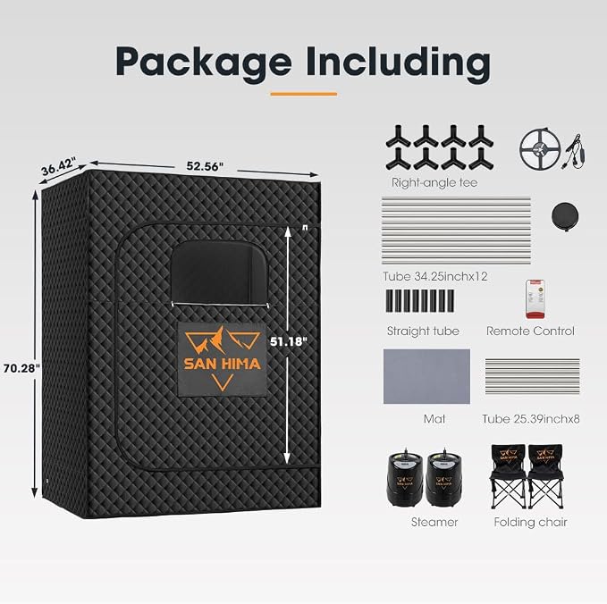 SAN HIMA 2 Person Portable Sauna for Home, Steam Sauna Box with Red Light Therapy, 3L 1500W Steamer, 9 Heat Levels, 90 Minute Timer, Foldable Chair, Remote Control, Indoor Home Spa Sauna Tent
