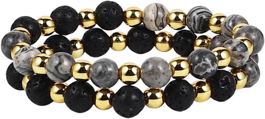 Caiyao 2Pcs Matte Lava Rock Volcanic Stone Beads Stretch Bracelet Stacking Essential Oil Diffuser Tiger Eye Seed Energy Yoga Bracelet for Men Women Couple Stress Relief Healing Aromatherapy Jewelry