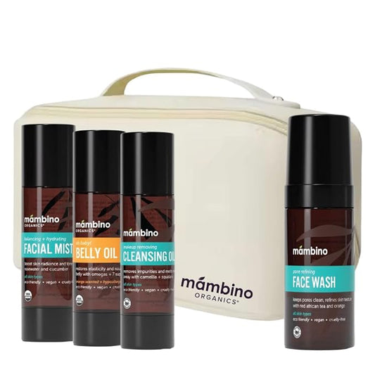 Mambino Organics Third Trimester Skincare Set, Pregnancy Skin Care Kit with Belly Oil, Rose Facial Mist, Cleansing Oil, Face Wash + Free Bag