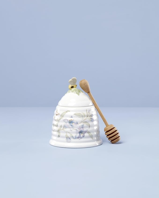 Lenox Home And Kitchen, Butterfly Meadow Beehive Honey Pot, Porcelain Material, Dishwasher Safe, Honey Jar, Honeypot, Bee And Flower Design, Bee Decor, Home Decor (White, 1 Piece, 10 Ounce Capacity)