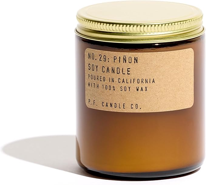 P.F. Candle Co. Piñon Classic Standard Scented Soy Wax Candle (7.2 oz) 40-50 Hour Burn Time, Amber Glass Jar, Made in The U.S.A.