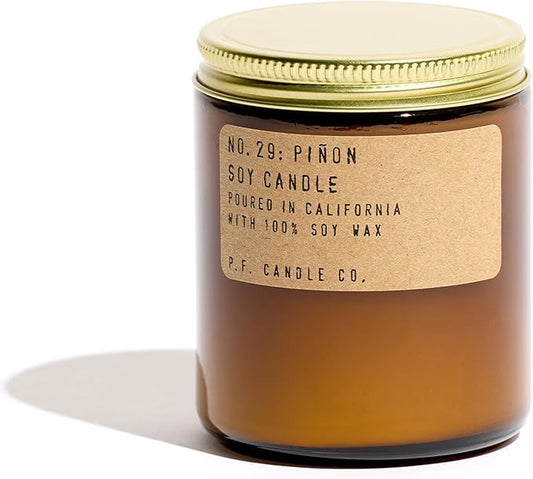 P.F. Candle Co. Piñon Classic Standard Scented Soy Wax Candle (7.2 oz) 40-50 Hour Burn Time, Amber Glass Jar, Made in The U.S.A.