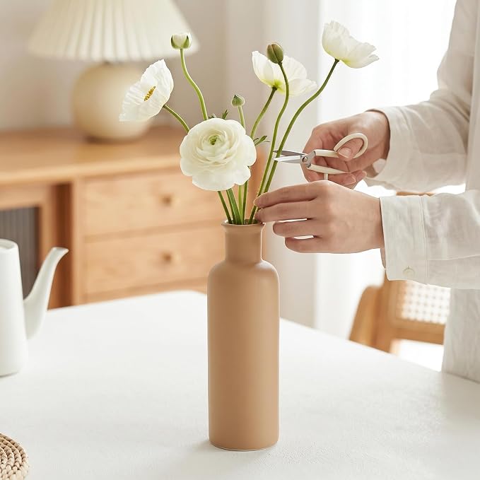 Ceramic Vase Set of 3, Brown Neutral Rustic Vases for Farmhouse Decor | Waterproof Farmhouse Vases for Pampas Grass & Dried Flowers, Rustic Vase for Table Bookshelf, Living Room