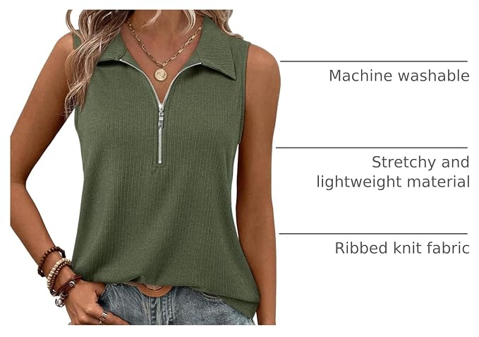 Vivilli Womens Ribbed Tank Top Zipper V Neck Dressy Casual Blouses Sleeveless Camisole Tops Work Tank Polo Shirts