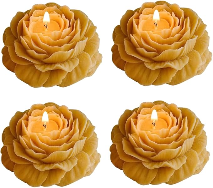 4 Pack Peony Flower Shaped Decorative Scented Candles, Floral Aromatherapy Decor for Wedding Bridal Shower, Dessert & Flower Cake Table, Birthday Gifts for Women Mom Wife (Mustard Yellow)