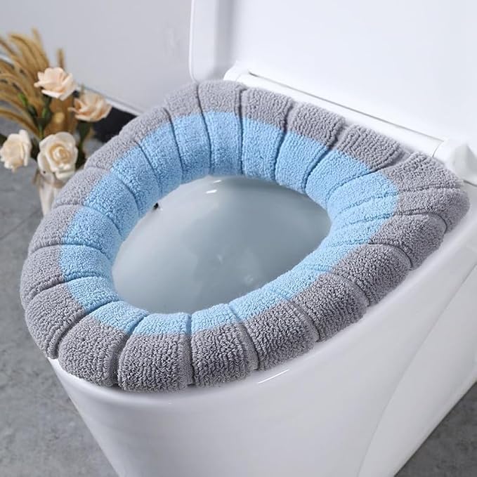 Soft Toilet Seat Cover for Fit, Thick Warm Stretchable Polyester Pad with Reusable Washable Bathroom Mat, Machine Washable Winter Warm Toilet Protector(Blue with gray A)