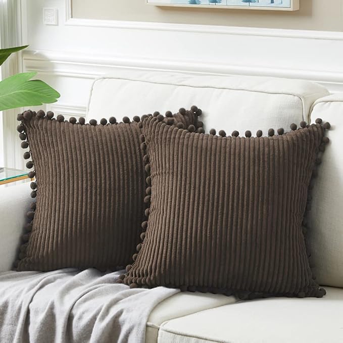 Fancy Homi Pack of 2 Dark Brown Decorative Throw Pillow Covers 24x24 Inch with Pom-poms for Couch Bed, Soft Corduroy Solid Square Cushion Case 60x60 cm, Farmhouse Boho Home Decor