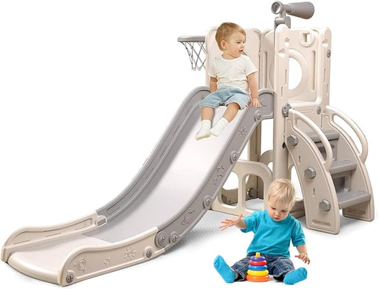 6 in 1 Toddler Playset with Slide,Toddler Slide,Slide for Kids with Basketball Hoop,Ball,Ring Toss,Kids Slide Toddler Playground Toddler Slide Indoor Outdoor Toys