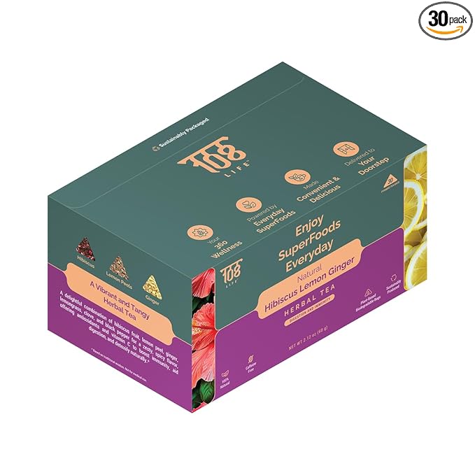 108 LIFE Natural Hibiscus Tea Bags | Lemon Ginger Tea | Herbal Tea | 100% Natural | Caffeine Free | Supports Digestion & Immunity | Biodegradable Pyramid Tea Bags | 30 Count