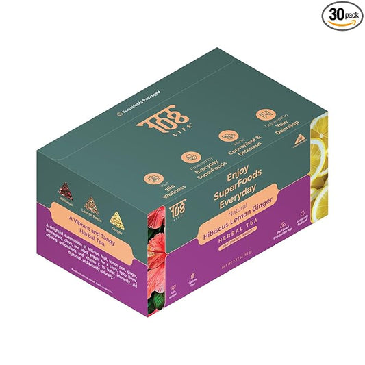 108 LIFE Natural Hibiscus Tea Bags | Lemon Ginger Tea | Herbal Tea | 100% Natural | Caffeine Free | Supports Digestion & Immunity | Biodegradable Pyramid Tea Bags | 30 Count