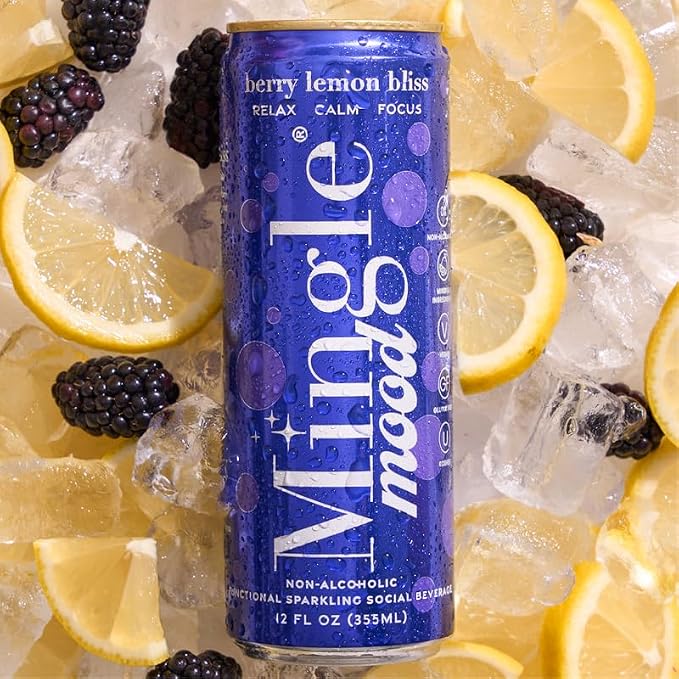 Mingle Mocktails Berry Lemon Bliss, Nootropic Non Alcoholic Drinks with Ashwagandha, L-Theanine, Lion's Mane, Adaptogens, Alcohol Alternative Pre-Mixed Mocktails, Gluten Free Vegan, 24 Pack 12 fl oz