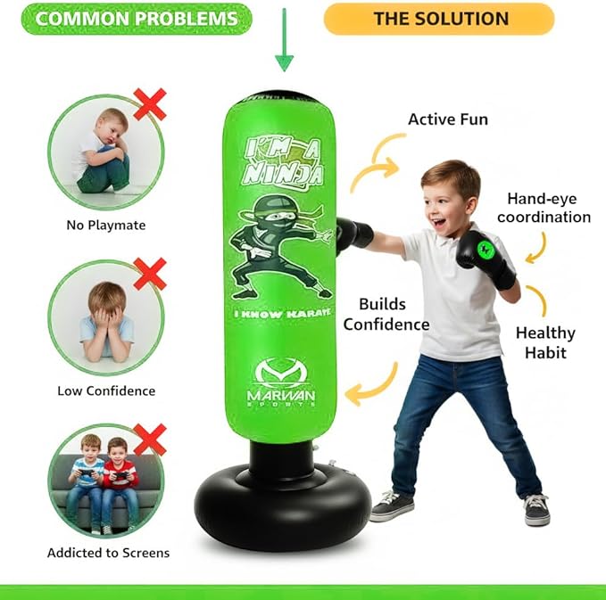 Marwan Sports 5-in-1 Inflatable Punching Bag for Kids – 63" Karate Toy Set with Boxing Gloves, Durable Fast Rebound, Active Play Christmas/Birthday Gift for Boys & Girls Ages 4-12