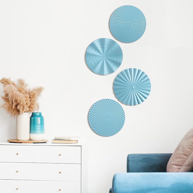 Hicarer 4 Pcs 12 Inch Blue Metal Wall Art Decor Modern Sunburst Hanging Artwork Decor Wall Decorations for Home Bedroom Bathroom Living Room Office Sculpture