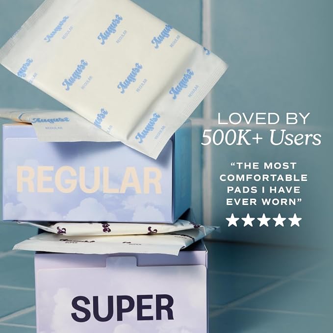 August Regular Cotton Menstrual Pads, 36-Pack Ultra Thin Pads with Wings, Hypoallergenic Sanitary Napkins with Organic Cotton Topsheet, Compostable Wrappers, Toxin Free, Fragrance Free