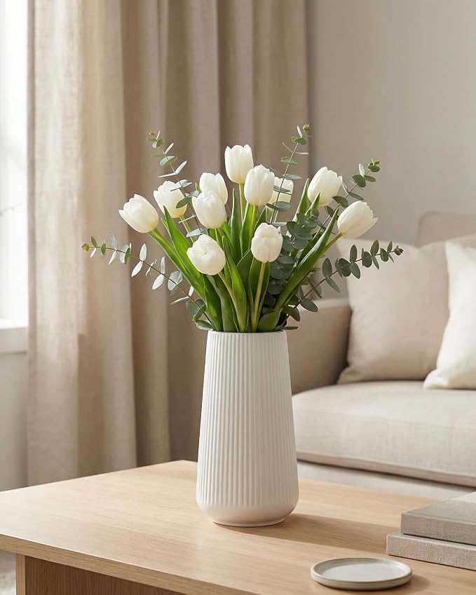 White Ceramic Vase, 8 Inch Flower Vases for Pampas Grass and Dried Flowers, Modern Vase for Living Room Table, Kitchen Shelf, Wedding Centerpiece Decor