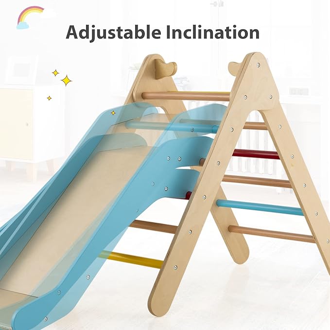 OLAKIDS Pikler Triangle Set 2 in 1 Climbing Toys for Toddlers Foldable Wood Montessori Baby Jungle Gym with Ladder Ramp Slide Kids Indoor Playground Activity Play Structure