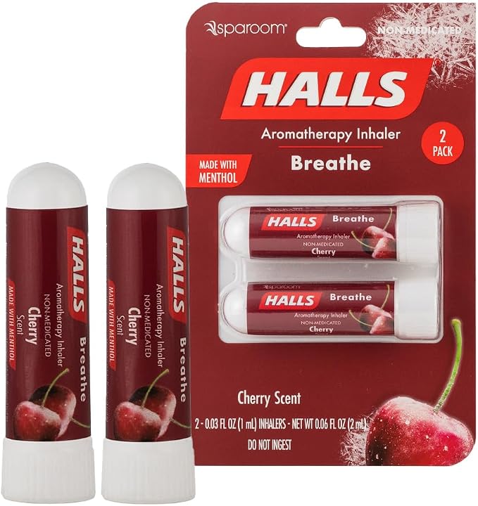 SpaRoom Halls Nausea Relief Nasal Stick – Breathe Cherry, 100% Pure Essential Oils, Aromatherapy Nasal Stick for Sinus Relief, Stress & Craving Management, Sweet Cherry Scent, 2-Pack, Non-Medicated