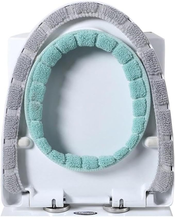 Soft Toilet Seat Cover for Fit, Thick Warm Stretchable Polyester Pad with Reusable Washable Bathroom Mat, Machine Washable Winter Warm Toilet Protector(Green with gray A)