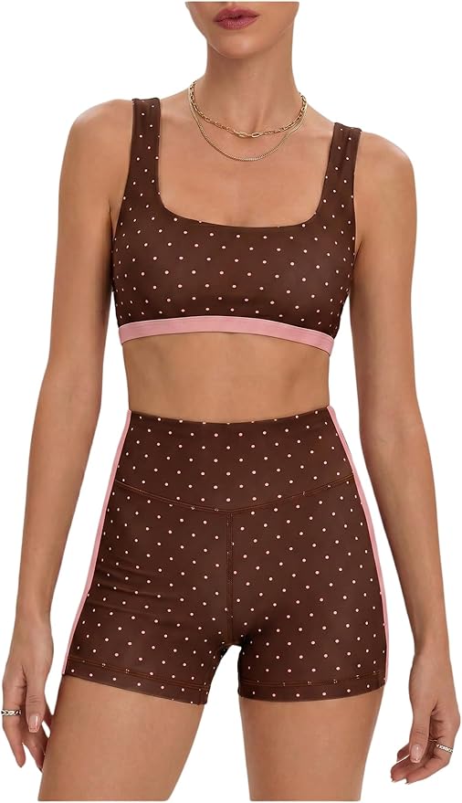 Milumia Women's Polka Dots Workout Set 2 Piece Color Block Bra Tank High Waisted Biker Shorts Layered Matching Yoga Outfit