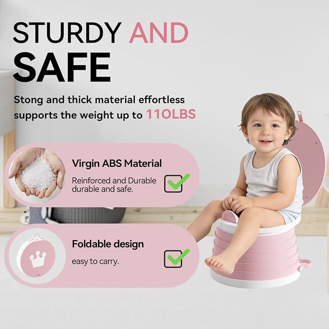 Portable Travel Potty for Toddler – Foldable Emergency Toilet for Car, Camping & Outdoor – Small Pink Potty Seat for Road Trips, Hiking & Indoor Use（Pink）