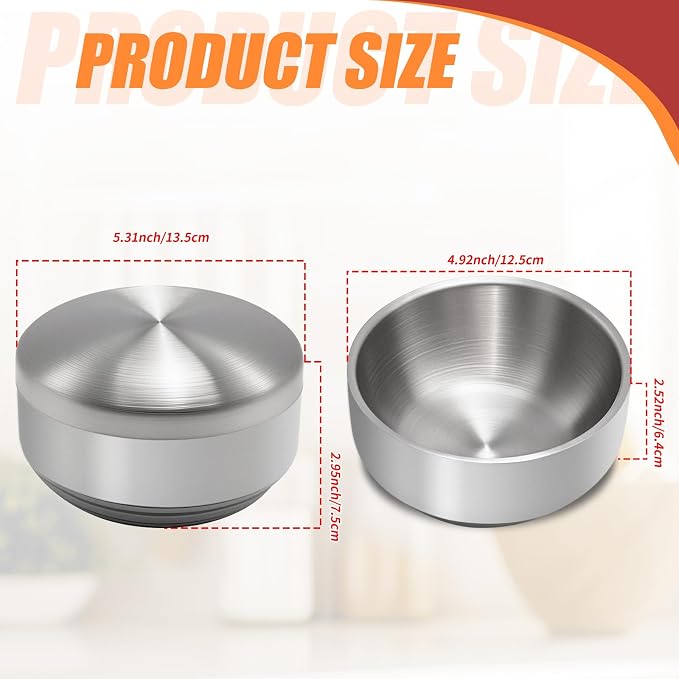 Stainless Steel Rice Bowl with Lid, Set of 2, for Korean Kitchen Restaurant, Double-walled Metal Bowls, Multi-Purpose Insulated Soup Bowls Snacks Bowls (13cm Silver)