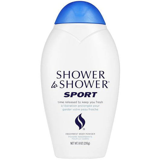 Shower to Shower Sport Body Powder for Men & Women, Talc Free, Sweat Absorbing, Prevents Chafing & Odor,Deodorizing All Over Body Powder for Long Lasting Freshness, 8 OZ